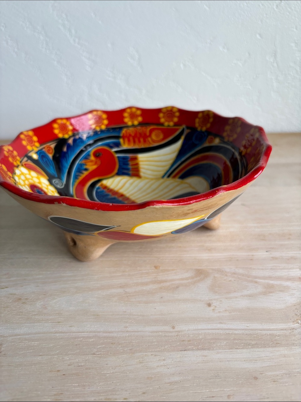 Hand-Painted Red and Blue Decorative Ceramic Footed Bowl